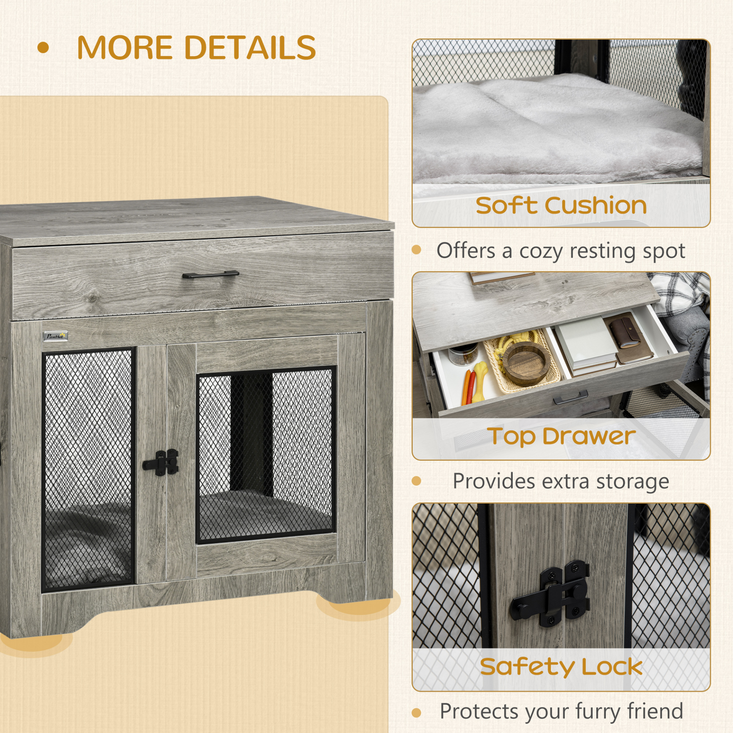 PawHut Indoor Dog Crate Furniture with Cushion, Double Doors, Pet Kennel End Table with Drawer, for Medium Dogs - Grey