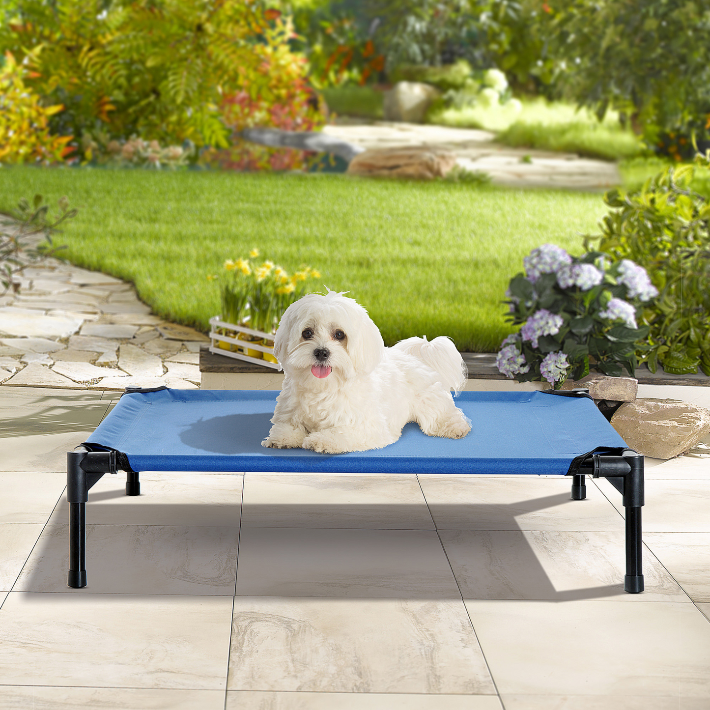 PawHut Raised Dog Bed Cat Elevated Lifted Portable Camping w/ Metal Frame Blue (Medium)