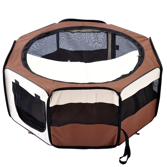 PawHut Fabric Dog Play Pen Puppy Pet Cat Rabbit Pig Guinea Playpen Run Indoor & Outdoor, Dia 90 x 41H cm Brown