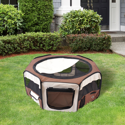 PawHut Fabric Dog Play Pen Puppy Pet Cat Rabbit Pig Guinea Playpen Run Indoor & Outdoor, Dia 90 x 41H cm Brown