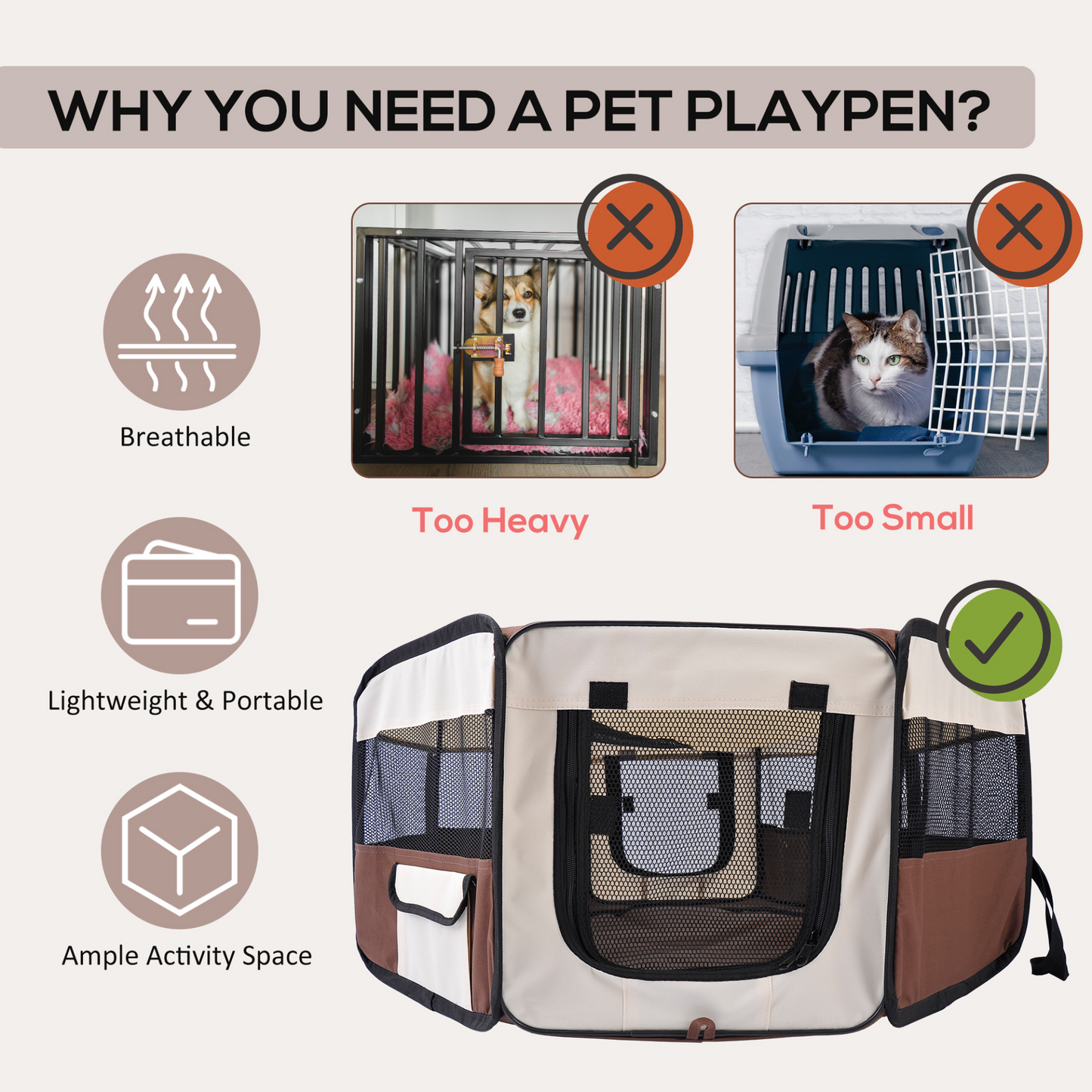 PawHut Fabric Dog Play Pen Puppy Pet Cat Rabbit Pig Guinea Playpen Run Indoor & Outdoor, Dia 90 x 41H cm Brown