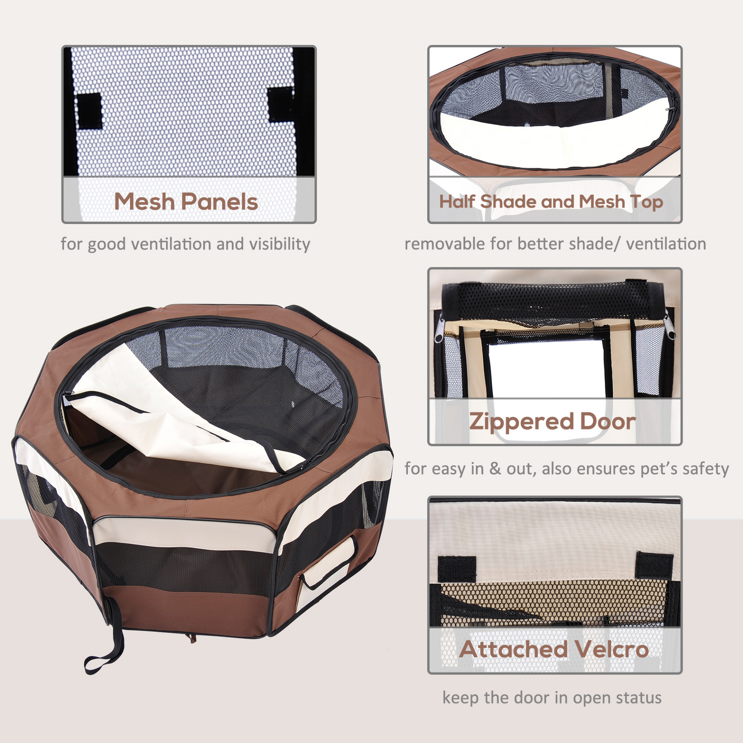 PawHut Fabric Dog Play Pen Puppy Pet Cat Rabbit Pig Guinea Playpen Run Indoor & Outdoor, Dia 90 x 41H cm Brown