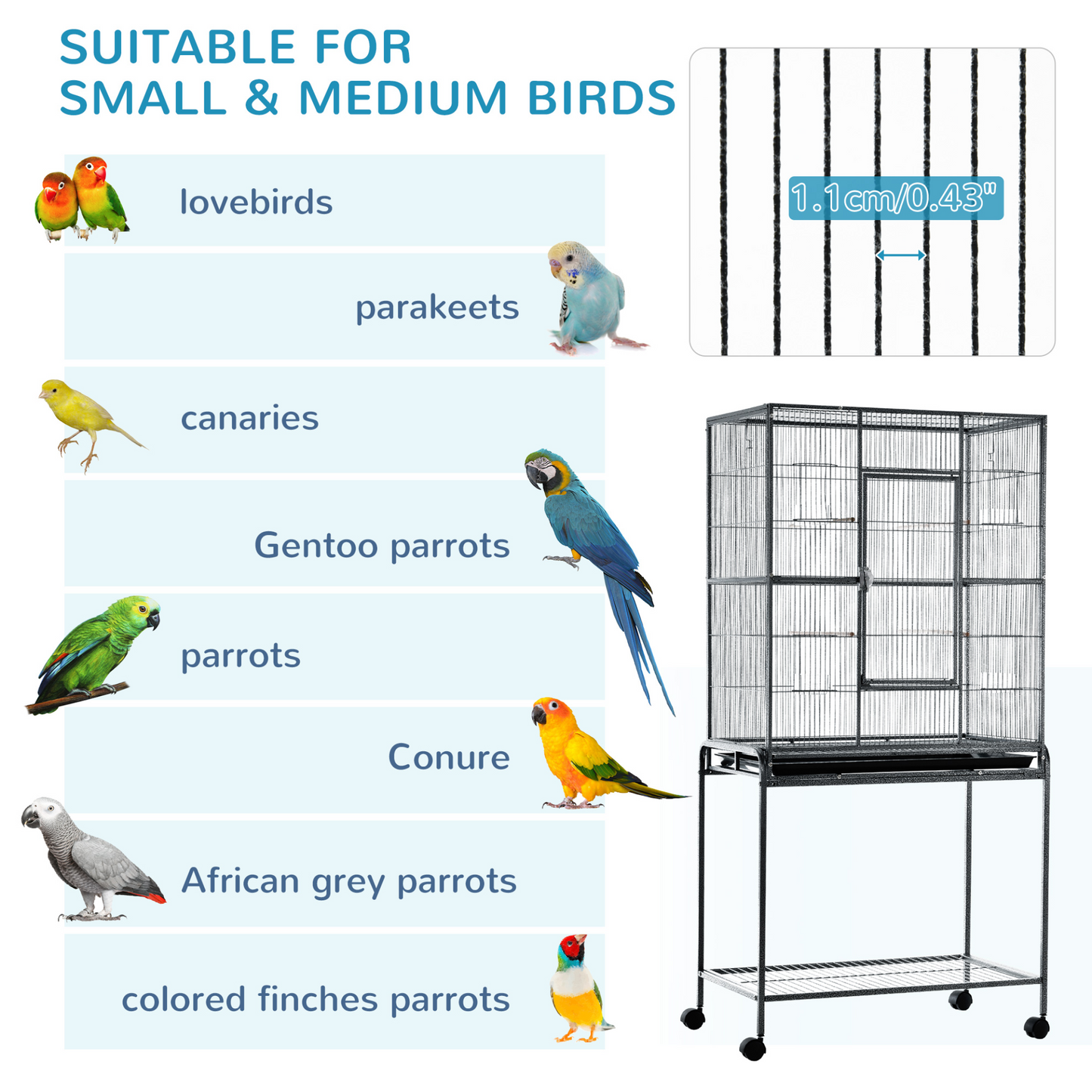PawHut Bird Cage Canary Cages for Parakeet with Detachable Rolling Stand