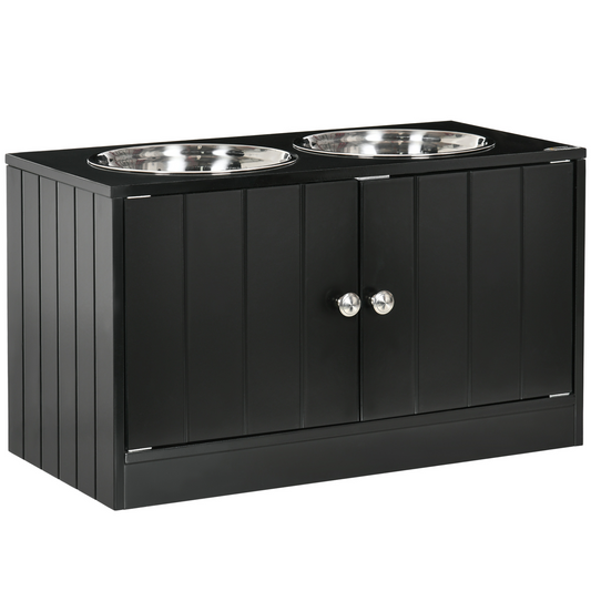 PawHut Raised Dog Bowls for Large Dogs Pet Feeding Station w/ Stand, Storage, Two Stainless Steel Bowls - Black
