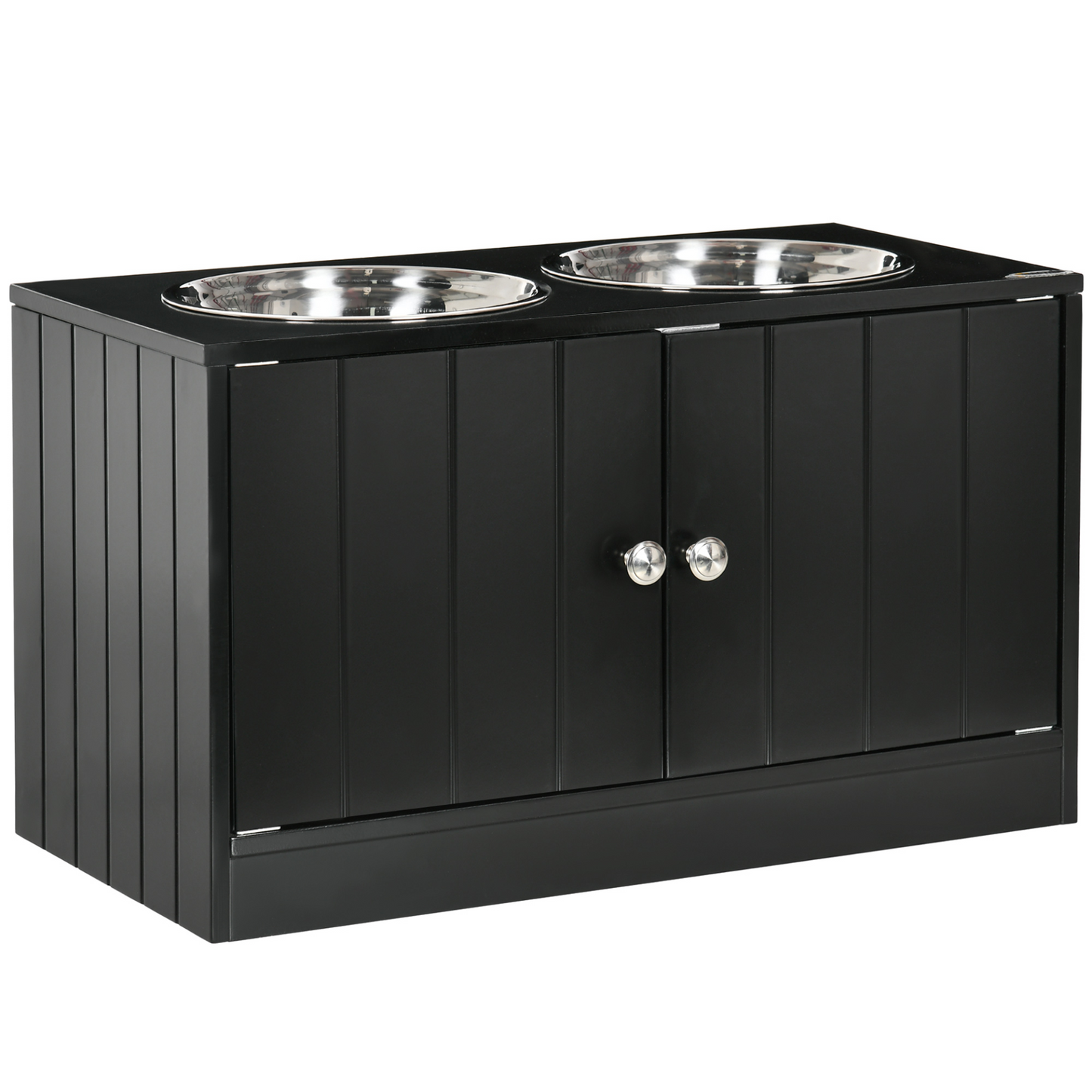 PawHut Raised Dog Bowls for Large Dogs Pet Feeding Station w/ Stand, Storage, Two Stainless Steel Bowls - Black