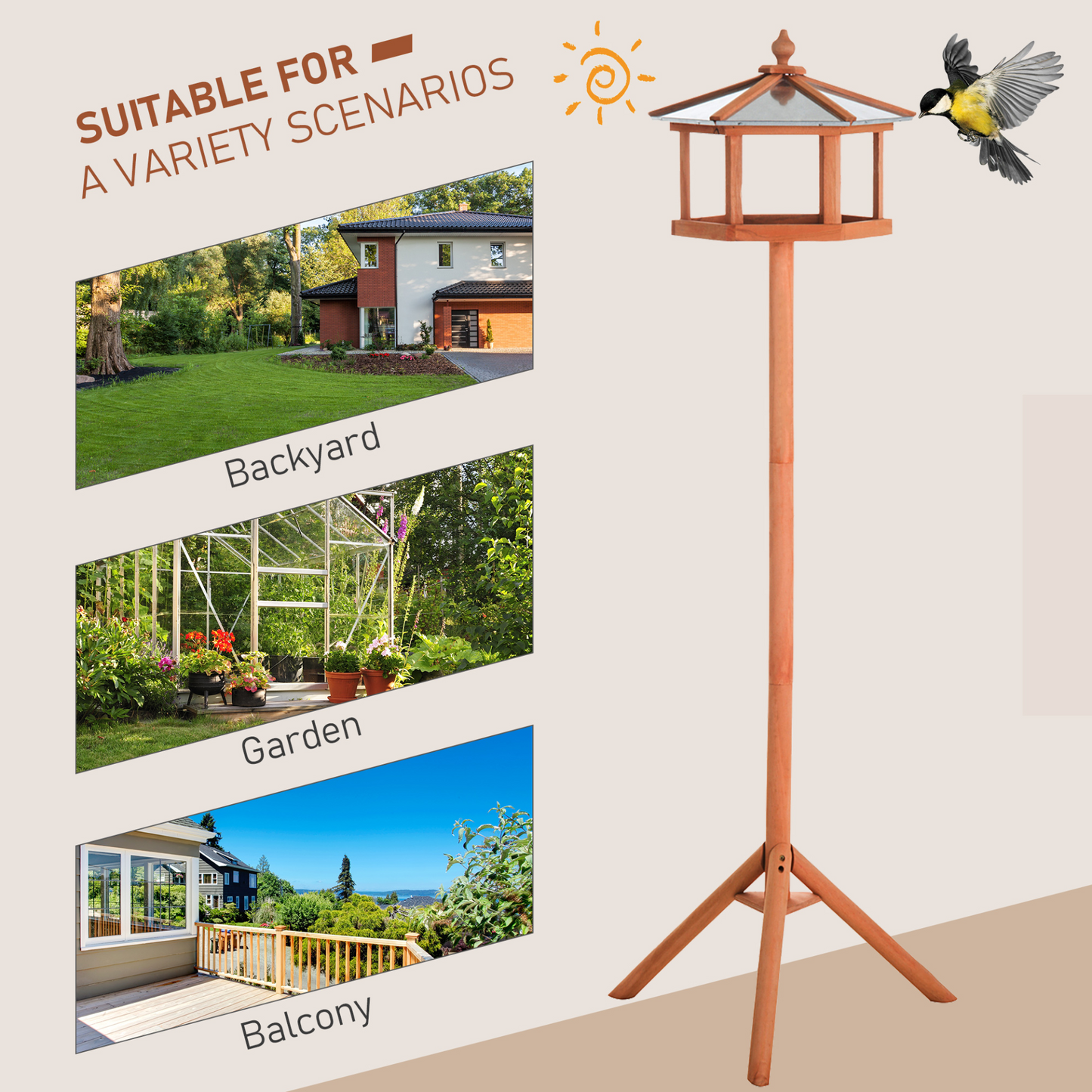 PawHut Wooden Bird Table Free Standing Bird Feeder Parrot Stand for Garden Patio or Balcony 153cm High
