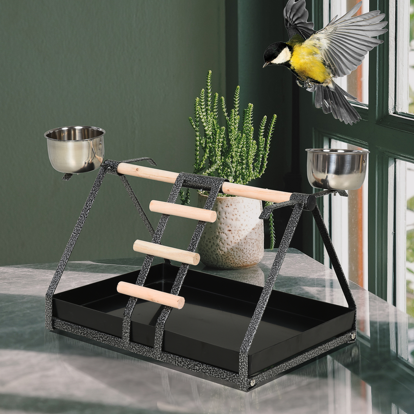PawHut Portable Parrot Macaw Bird Play Stand Training Playground w/ Wood Perch Ladder Feeder  Removable Tray