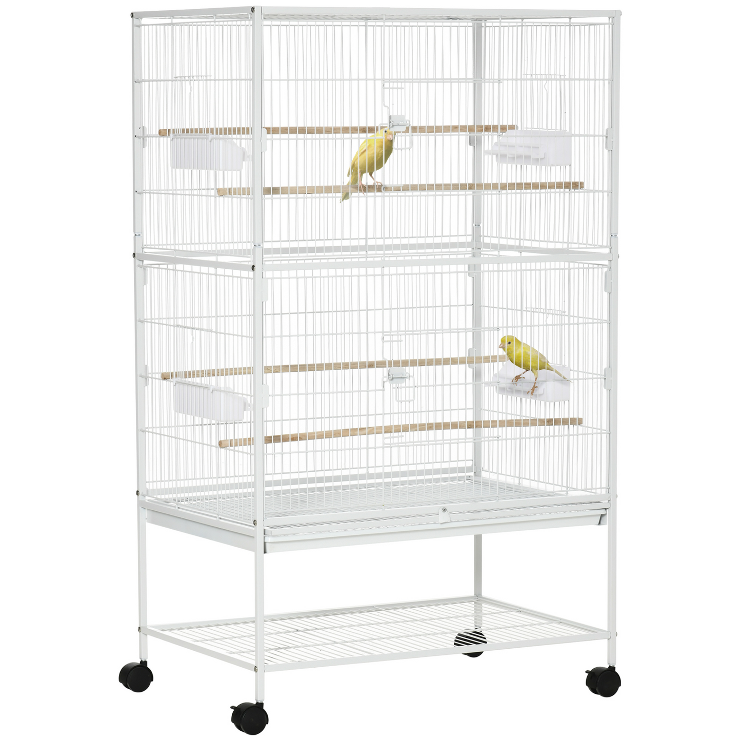 PawHut Large Bird Cage Budgie Cage for Finch Canaries Parakeet with Rolling Stand, Slide-out Tray, Storage Shelf, Food Containers, White