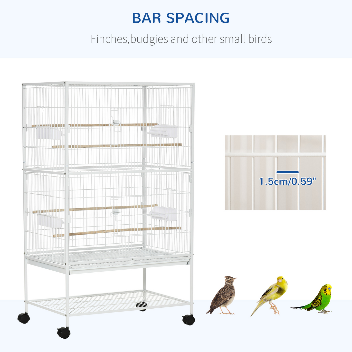 PawHut Large Bird Cage Budgie Cage for Finch Canaries Parakeet with Rolling Stand, Slide-out Tray, Storage Shelf, Food Containers, White