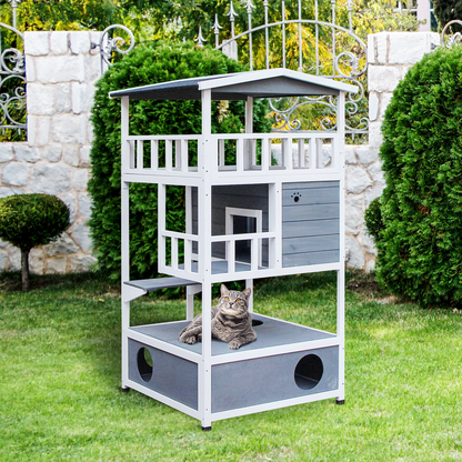 PawHut Wooden Outdoor Cat House 3-Tier for Winter Kitten Shelter Lodge w/ Tilted Roof Terrace Jump Step Bottom Tray Elevated Base Waterproof Paint 140x78x76cm Grey