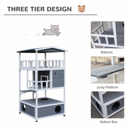 PawHut Wooden Outdoor Cat House 3-Tier for Winter Kitten Shelter Lodge w/ Tilted Roof Terrace Jump Step Bottom Tray Elevated Base Waterproof Paint 140x78x76cm Grey