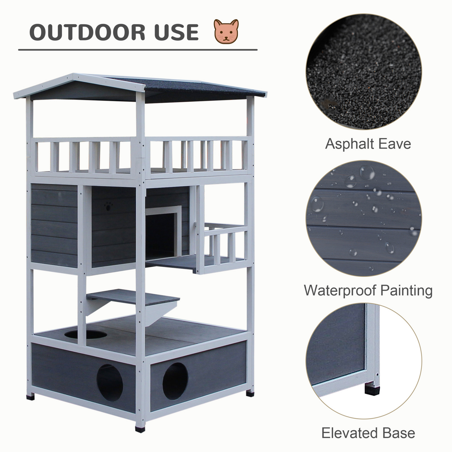 PawHut Wooden Outdoor Cat House 3-Tier for Winter Kitten Shelter Lodge w/ Tilted Roof Terrace Jump Step Bottom Tray Elevated Base Waterproof Paint 140x78x76cm Grey