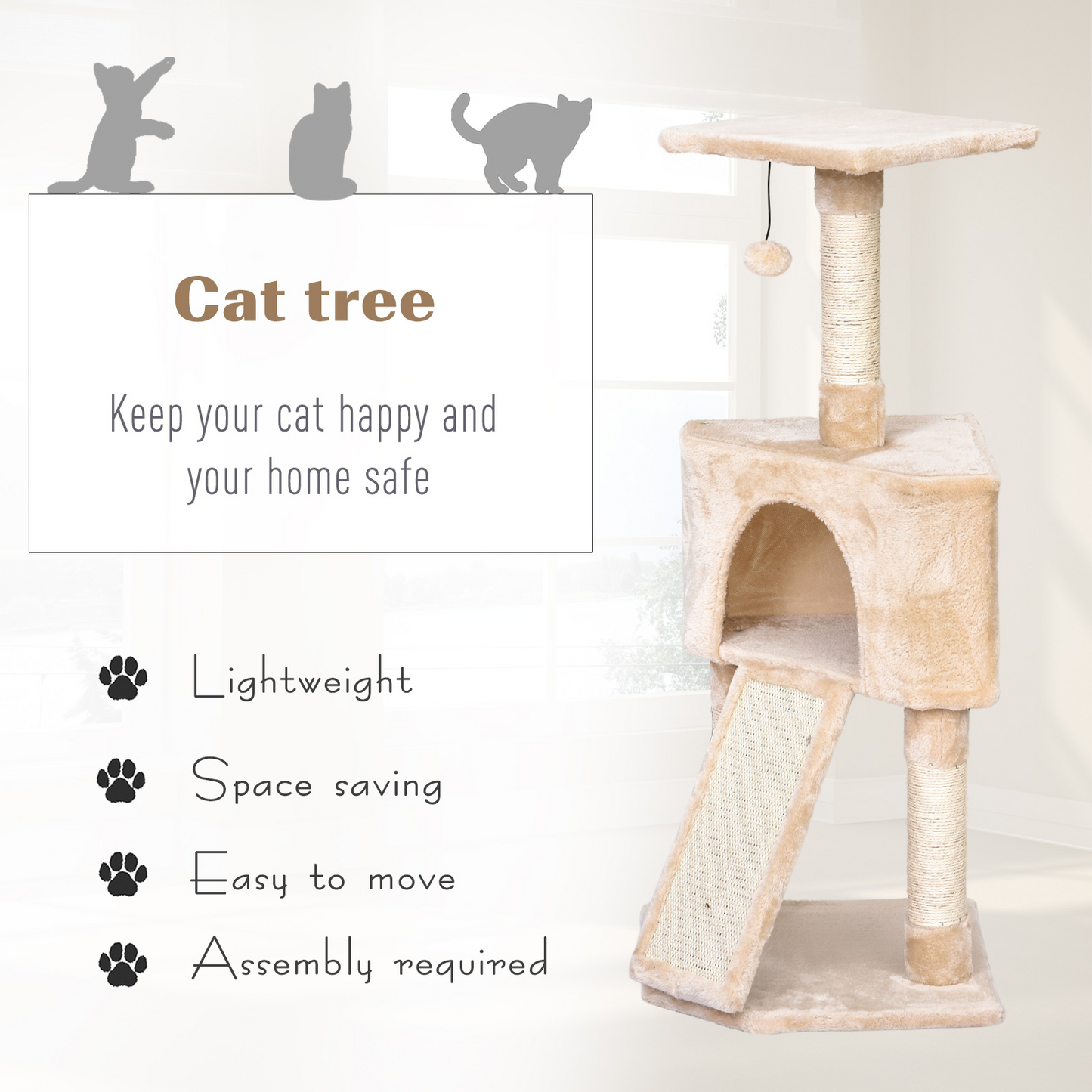 PawHut 3 Level Cat Tree for Indoor Cats Activity Centre Sisal Scratching Posts Perch Condo and Ladder Cat Furniture For Kitten - Beige