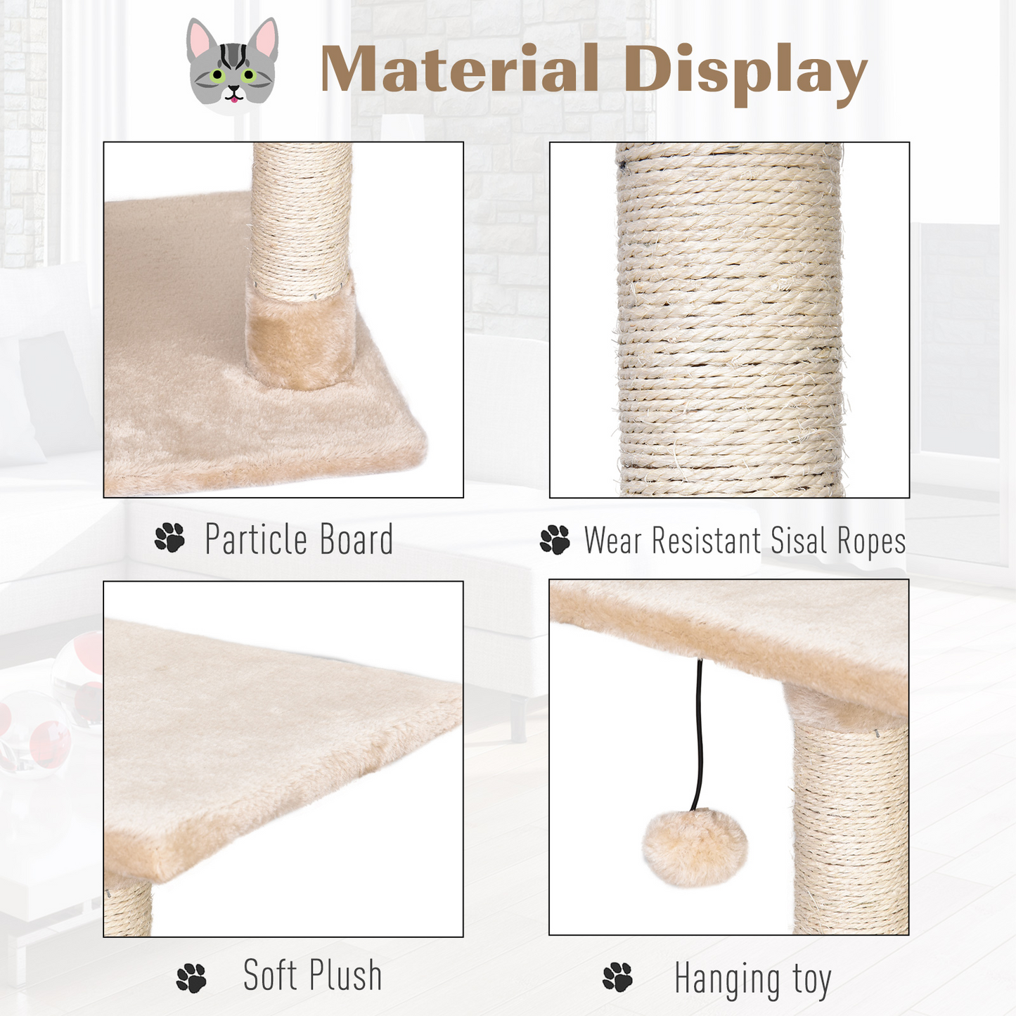 PawHut 3 Level Cat Tree for Indoor Cats Activity Centre Sisal Scratching Posts Perch Condo and Ladder Cat Furniture For Kitten - Beige