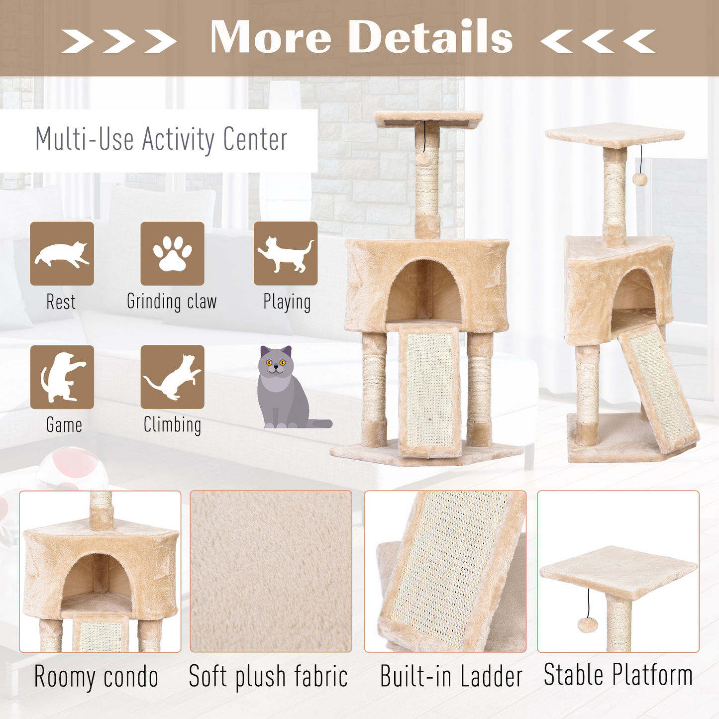 PawHut 3 Level Cat Tree for Indoor Cats Activity Centre Sisal Scratching Posts Perch Condo and Ladder Cat Furniture For Kitten - Beige