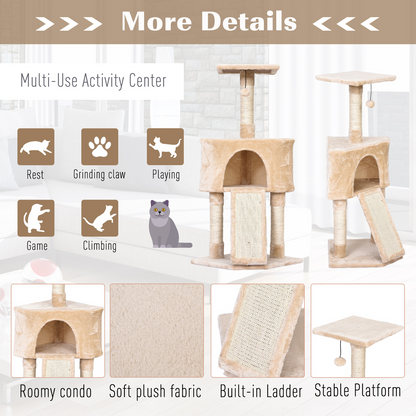 PawHut 3 Level Cat Tree for Indoor Cats Activity Centre Sisal Scratching Posts Perch Condo and Ladder Cat Furniture For Kitten - Beige