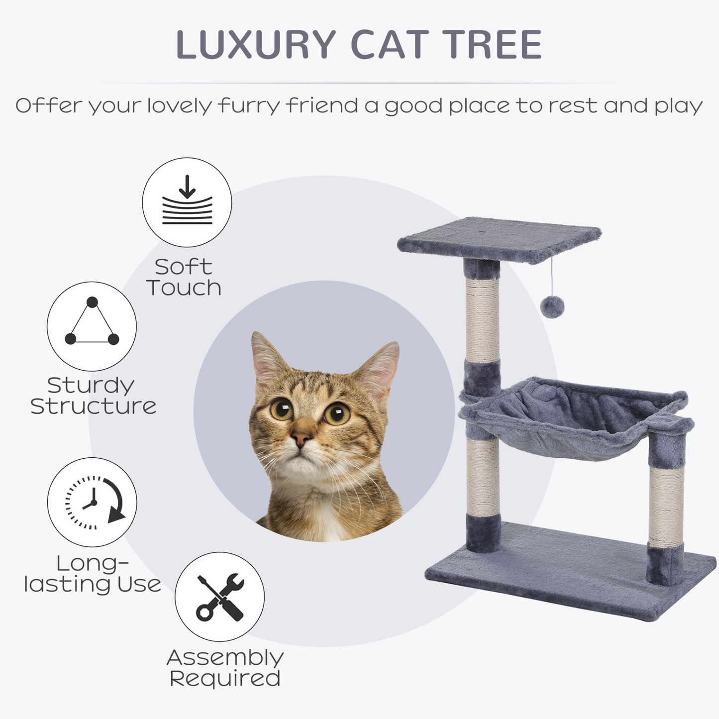 PawHut Cat Tree Indoor Cat Natural Scratching Posts With Hammock Bed Kitty Activity Center Grey