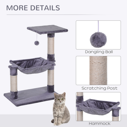 PawHut Cat Tree Indoor Cat Natural Scratching Posts With Hammock Bed Kitty Activity Center Grey