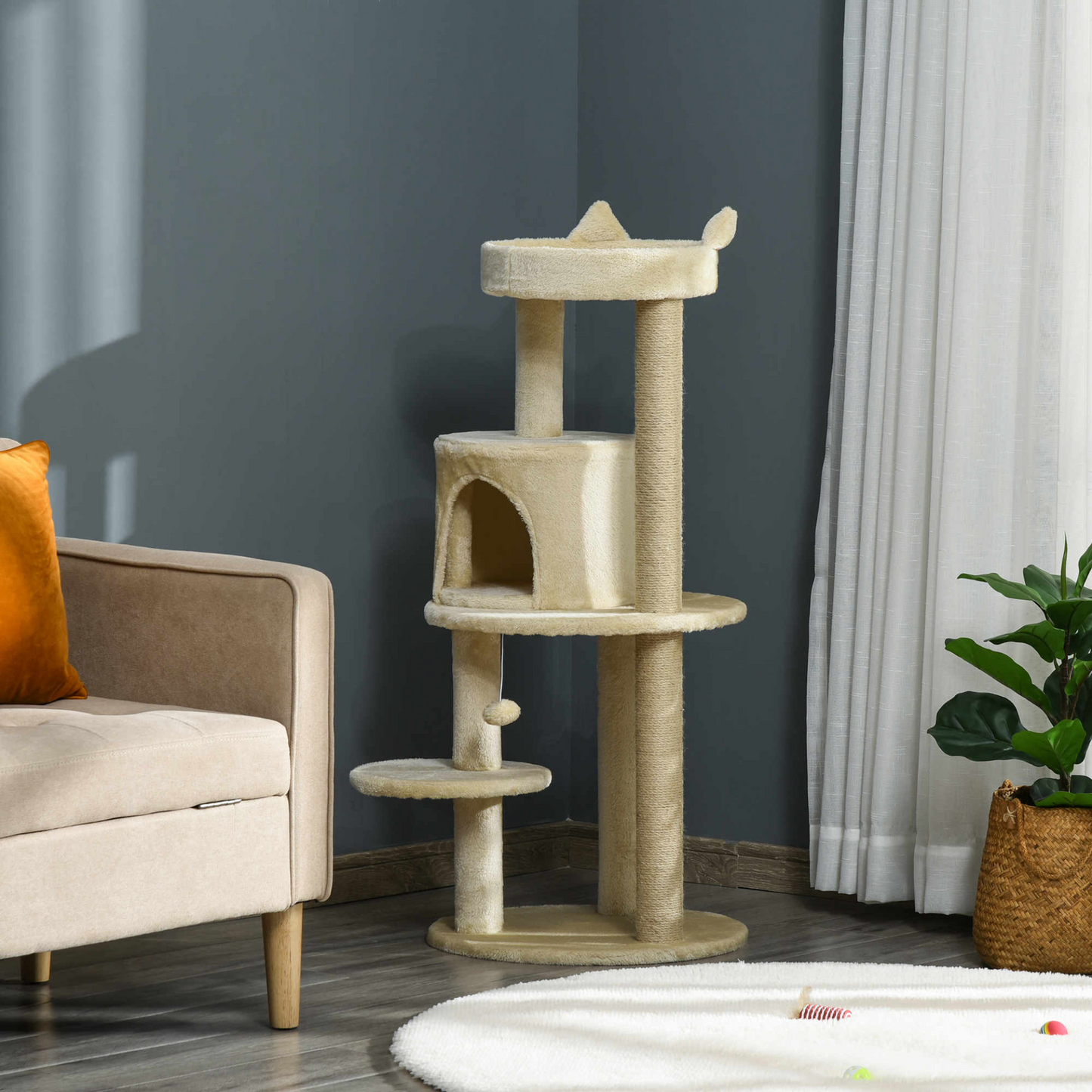 Pawhut Cat Tree for Indoor Cats Kitten Scratching Post Climbing Tower Pet Activity Center Cream 48 x 48 x 104 cm