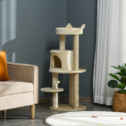 Pawhut Cat Tree for Indoor Cats Kitten Scratching Post Climbing Tower Pet Activity Center Cream 48 x 48 x 104 cm