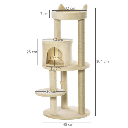 Pawhut Cat Tree for Indoor Cats Kitten Scratching Post Climbing Tower Pet Activity Center Cream 48 x 48 x 104 cm