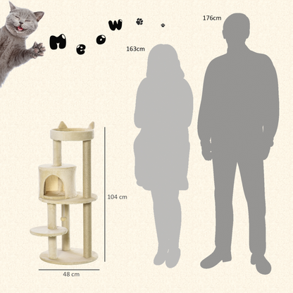 Pawhut Cat Tree for Indoor Cats Kitten Scratching Post Climbing Tower Pet Activity Center Cream 48 x 48 x 104 cm