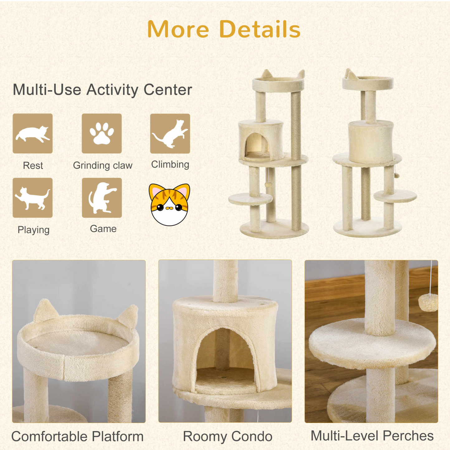 Pawhut Cat Tree for Indoor Cats Kitten Scratching Post Climbing Tower Pet Activity Center Cream 48 x 48 x 104 cm