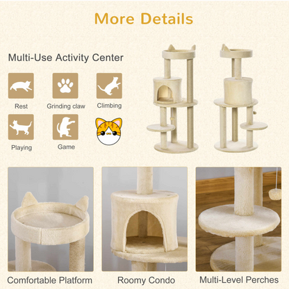 Pawhut Cat Tree for Indoor Cats Kitten Scratching Post Climbing Tower Pet Activity Center Cream 48 x 48 x 104 cm
