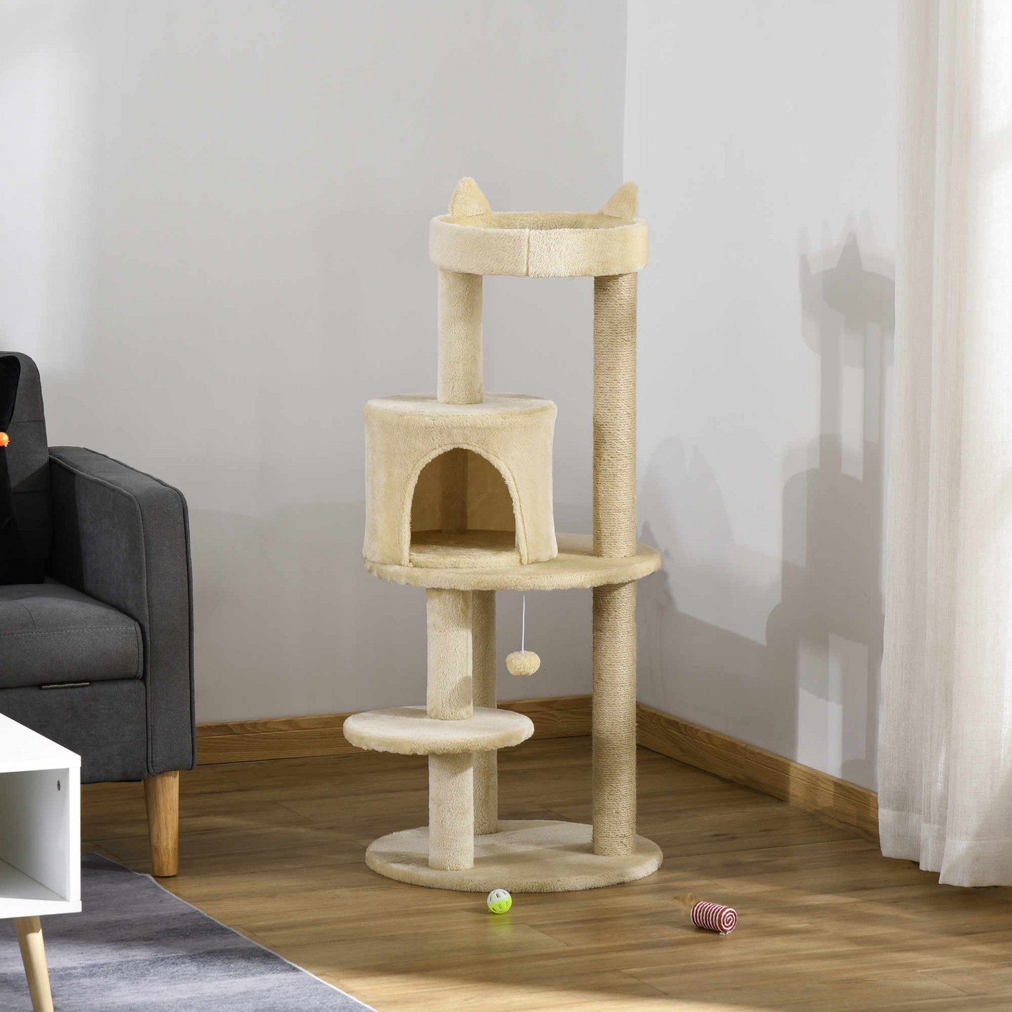 Pawhut Cat Tree for Indoor Cats Kitten Scratching Post Climbing Tower Pet Activity Center Cream 48 x 48 x 104 cm