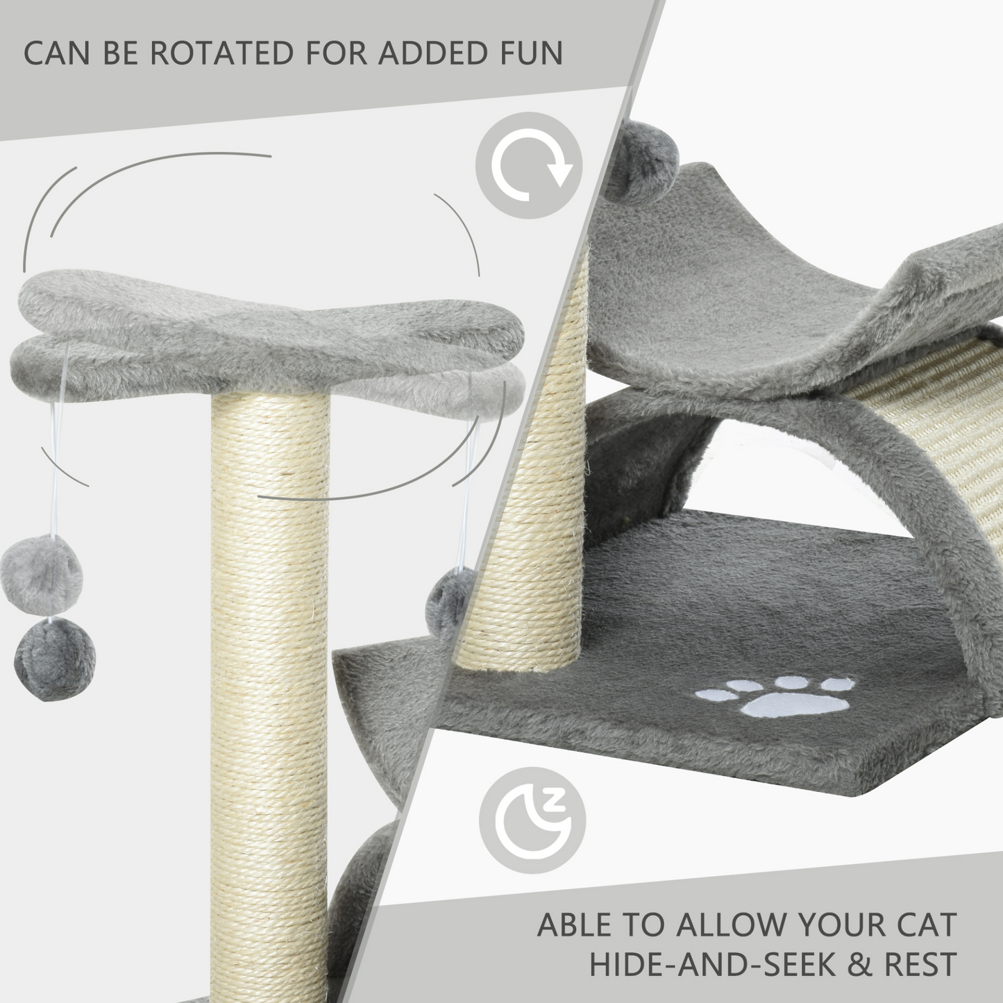 Pawhut Cat Tree for Indoor Cats Scratching Post Kitten Scratcher Kitty Activity Play Center Sisal Rotatable Top Bar Tunnel Dangling Ball Light Grey