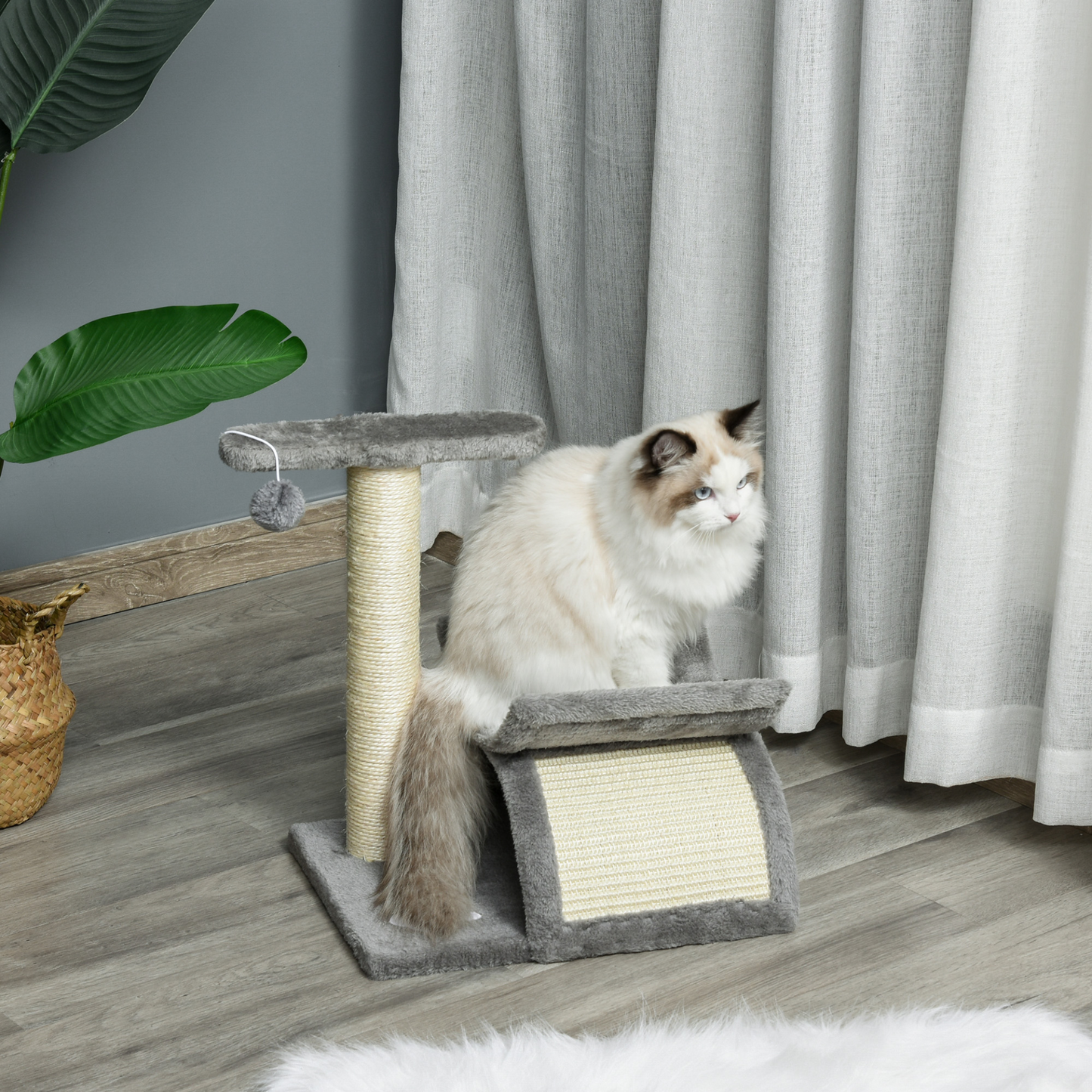 Pawhut Cat Tree for Indoor Cats Scratching Post Kitten Scratcher Kitty Activity Play Center Sisal Rotatable Top Bar Tunnel Dangling Ball Light Grey