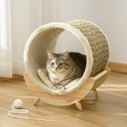 PawHut Cat House Bed Pet Shelter Wrapped with Scratcher Soft Cushion  - Beige