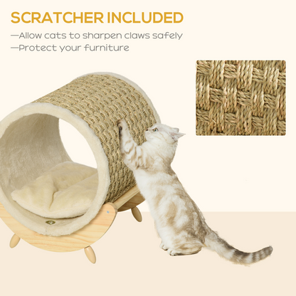 PawHut Cat House Bed Pet Shelter Wrapped with Scratcher Soft Cushion  - Beige