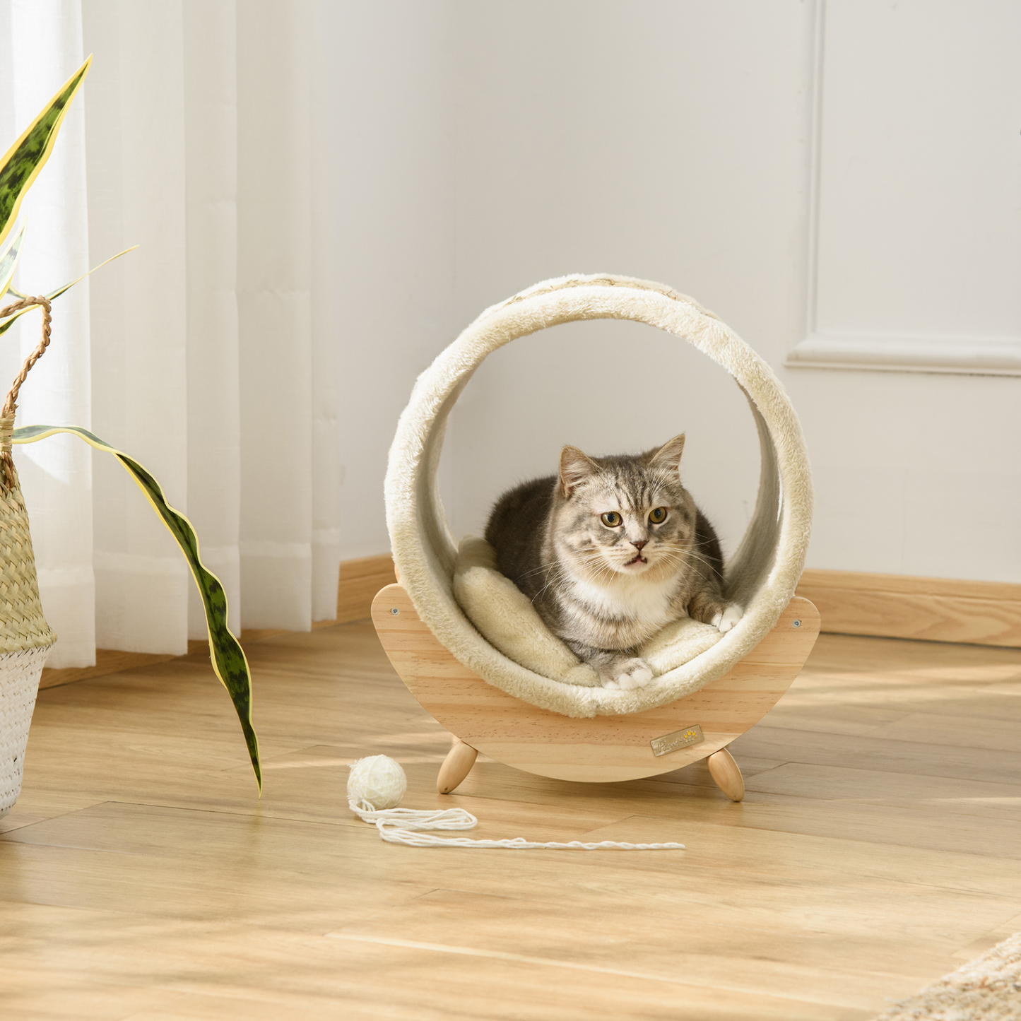 PawHut Cat House Bed Pet Shelter Wrapped with Scratcher Soft Cushion  - Beige