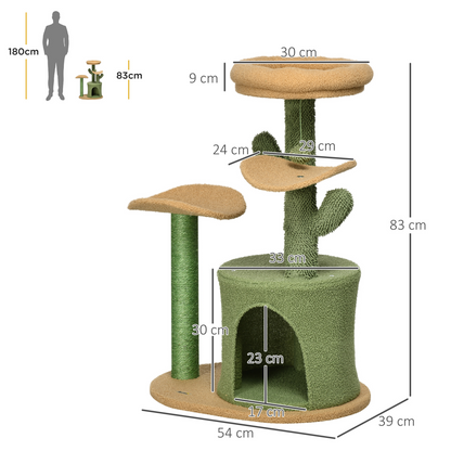 PawHut Cactus Designed Cat Tree 83cm Cat Climbing Tower Kitten Activity Centre w/ Cat House, Bed, Sisal Scratching Post, Hanging Toy Ball - Green