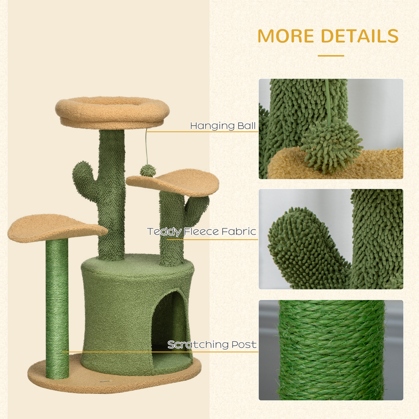 PawHut Cactus Designed Cat Tree 83cm Cat Climbing Tower Kitten Activity Centre w/ Cat House, Bed, Sisal Scratching Post, Hanging Toy Ball - Green