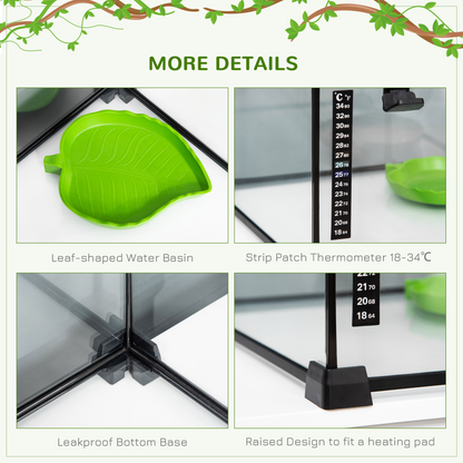 PawHut Glass Reptile Terrarium Insect Breeding Tank Vivarium Habitats with Thermometer for Lizards, Horned Frogs, Snakes, Spiders - Medium 50 x 30 x 25cm