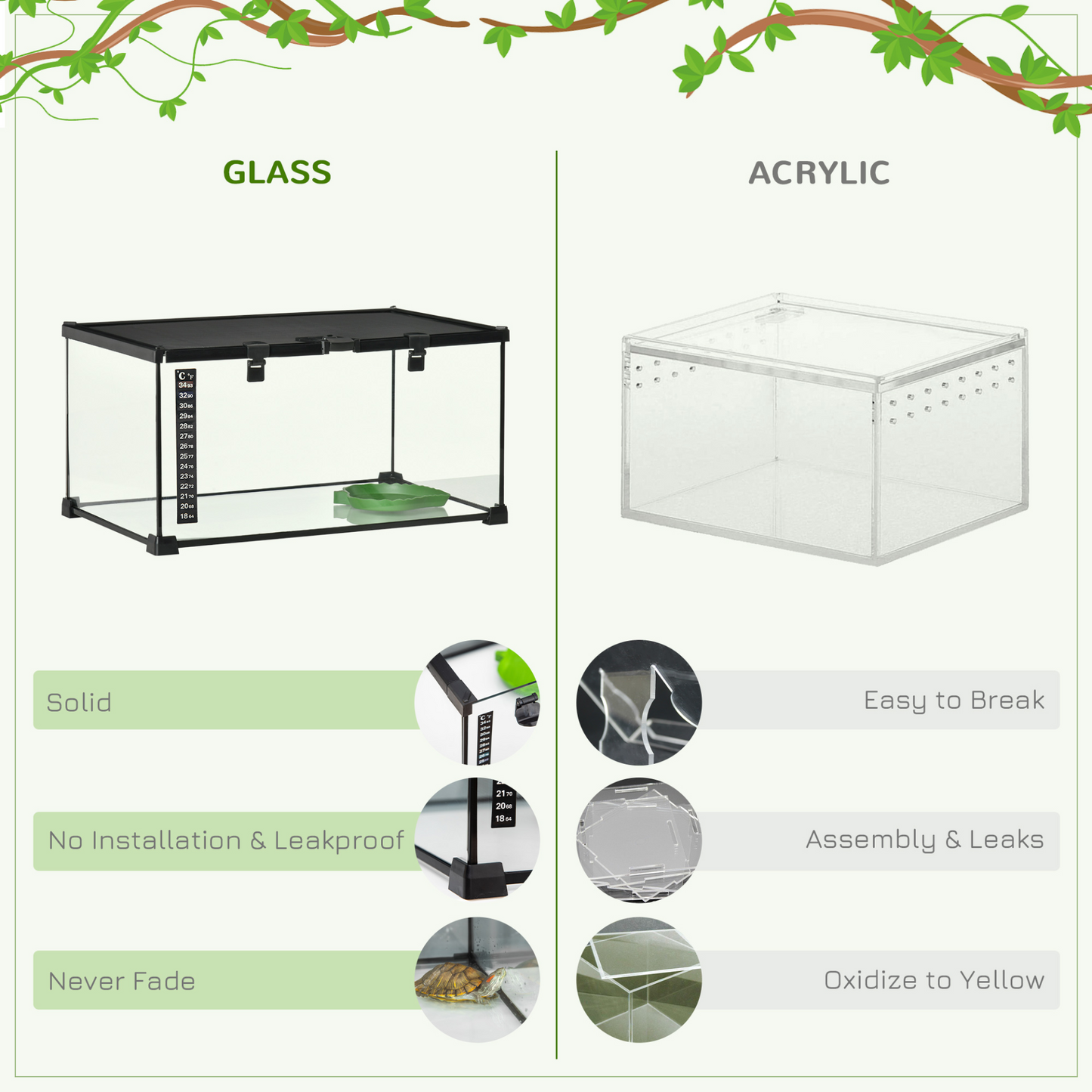 PawHut Glass Reptile Terrarium Insect Breeding Tank Vivarium Habitats with Thermometer for Lizards, Horned Frogs, Snakes, Spiders - Medium 50 x 30 x 25cm