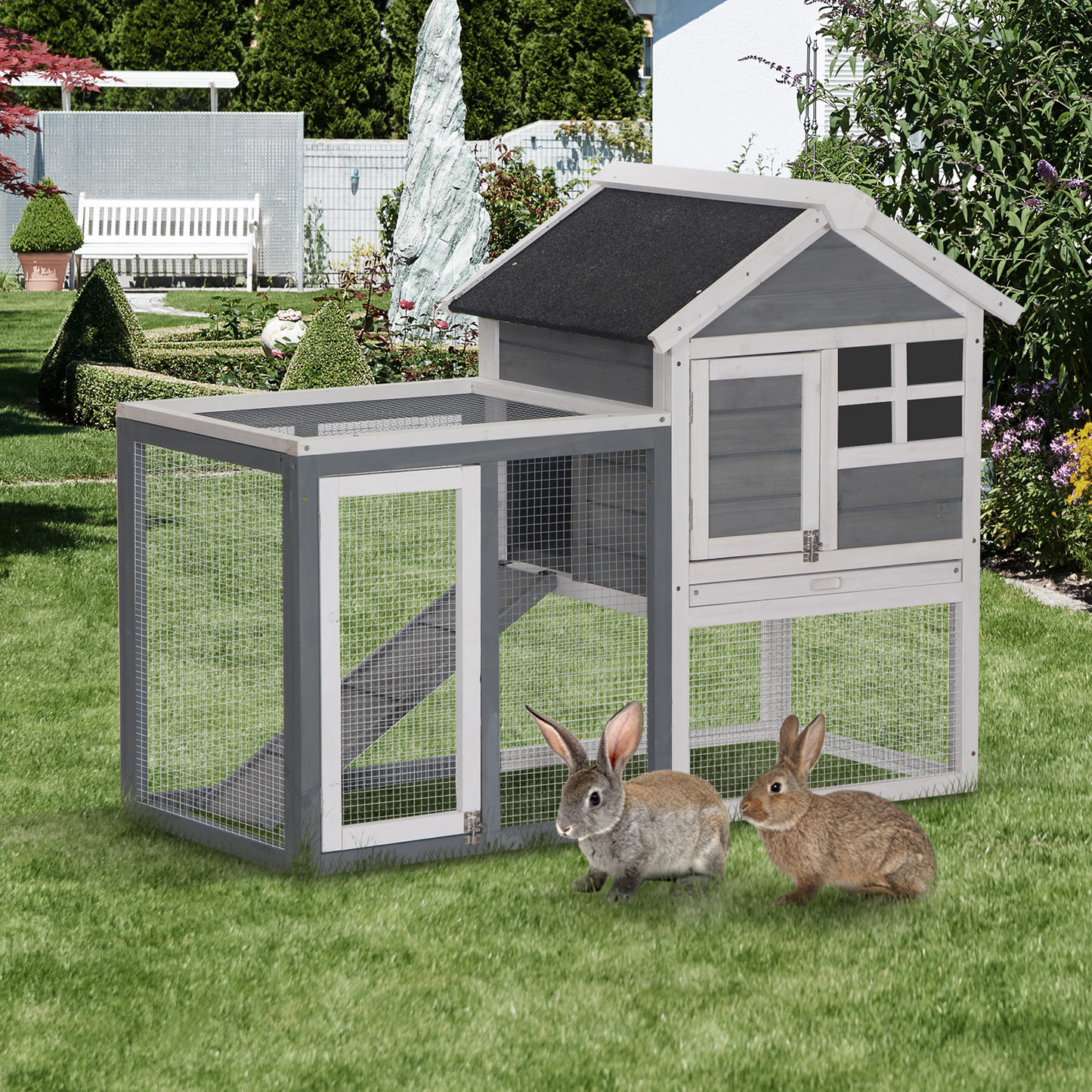 PawHut 2 Tier Rabbit Hutch Outdoor, Wooden Hutch - Small Animal House