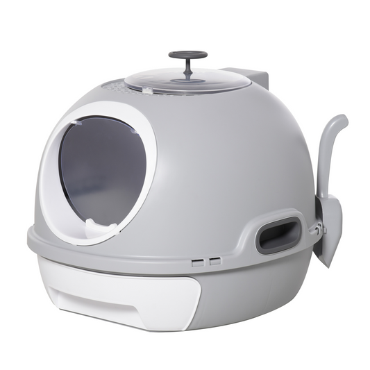 PawHut Cat Litter Box Toilet With Litter Scoop Enclosed Drawer Skylight Easy To Clean Grey