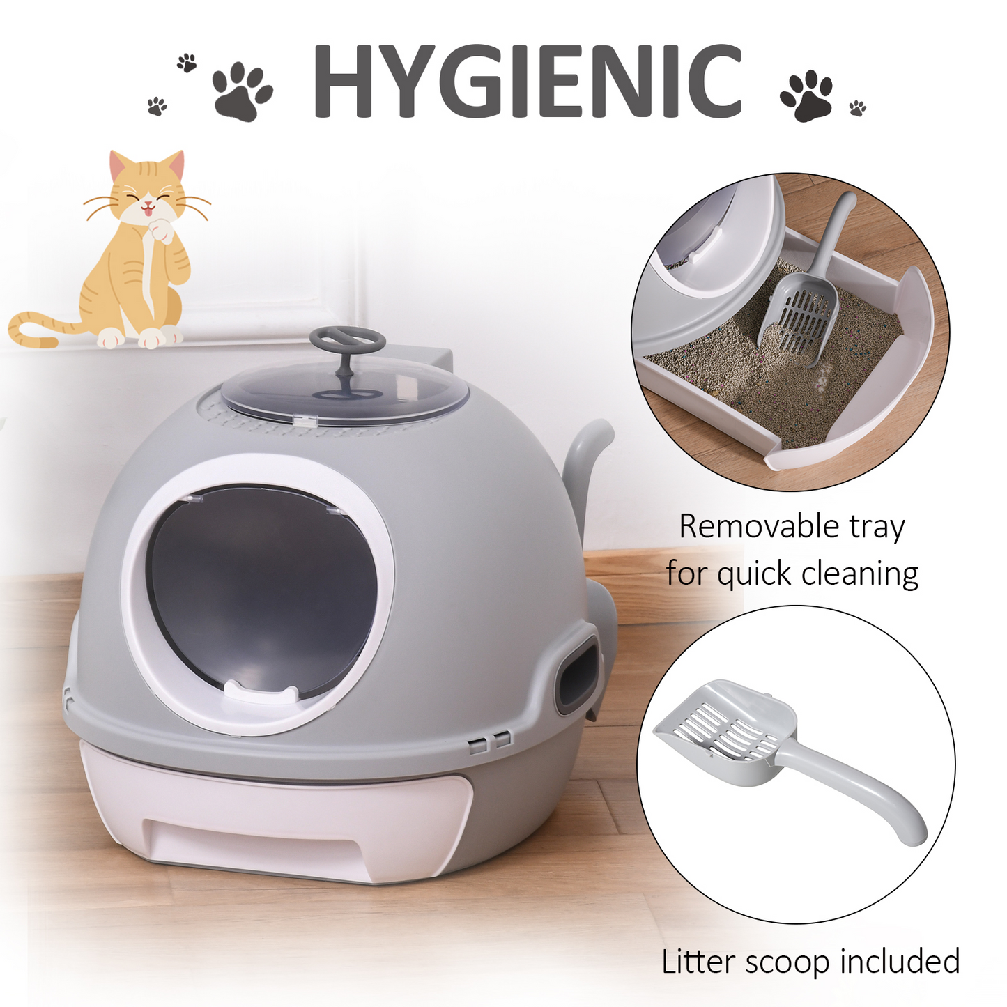 PawHut Cat Litter Box Toilet With Litter Scoop Enclosed Drawer Skylight Easy To Clean Grey