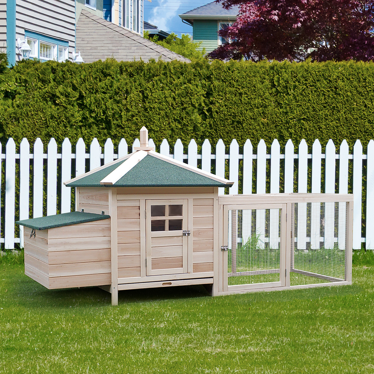 PawHut Chicken Coop with Run Hen House Poultry Coops Cages Pen Outdoor Backyard with Nesting Box 196 x 76 x 97cm Natural