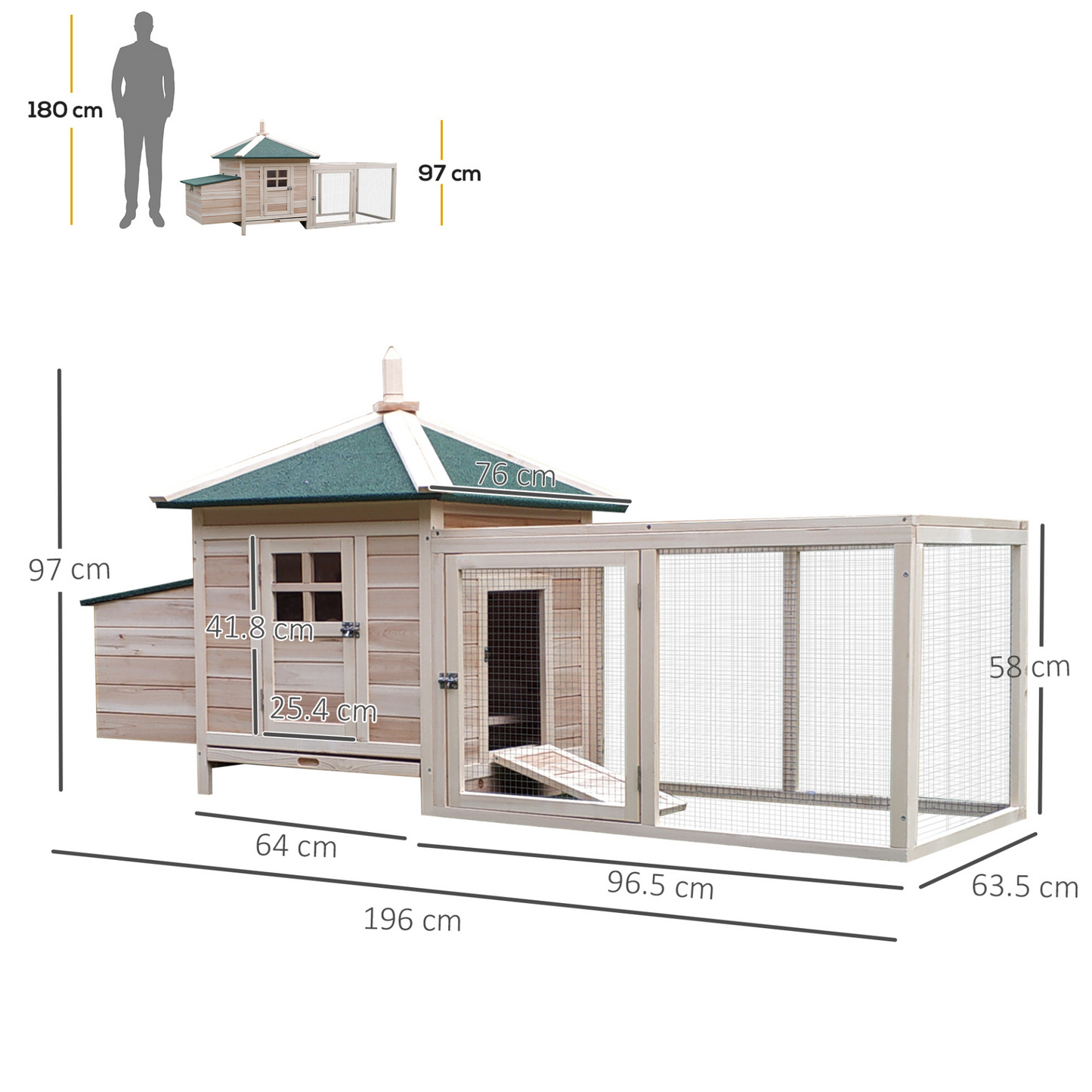 PawHut Chicken Coop with Run Hen House Poultry Coops Cages Pen Outdoor Backyard with Nesting Box 196 x 76 x 97cm Natural