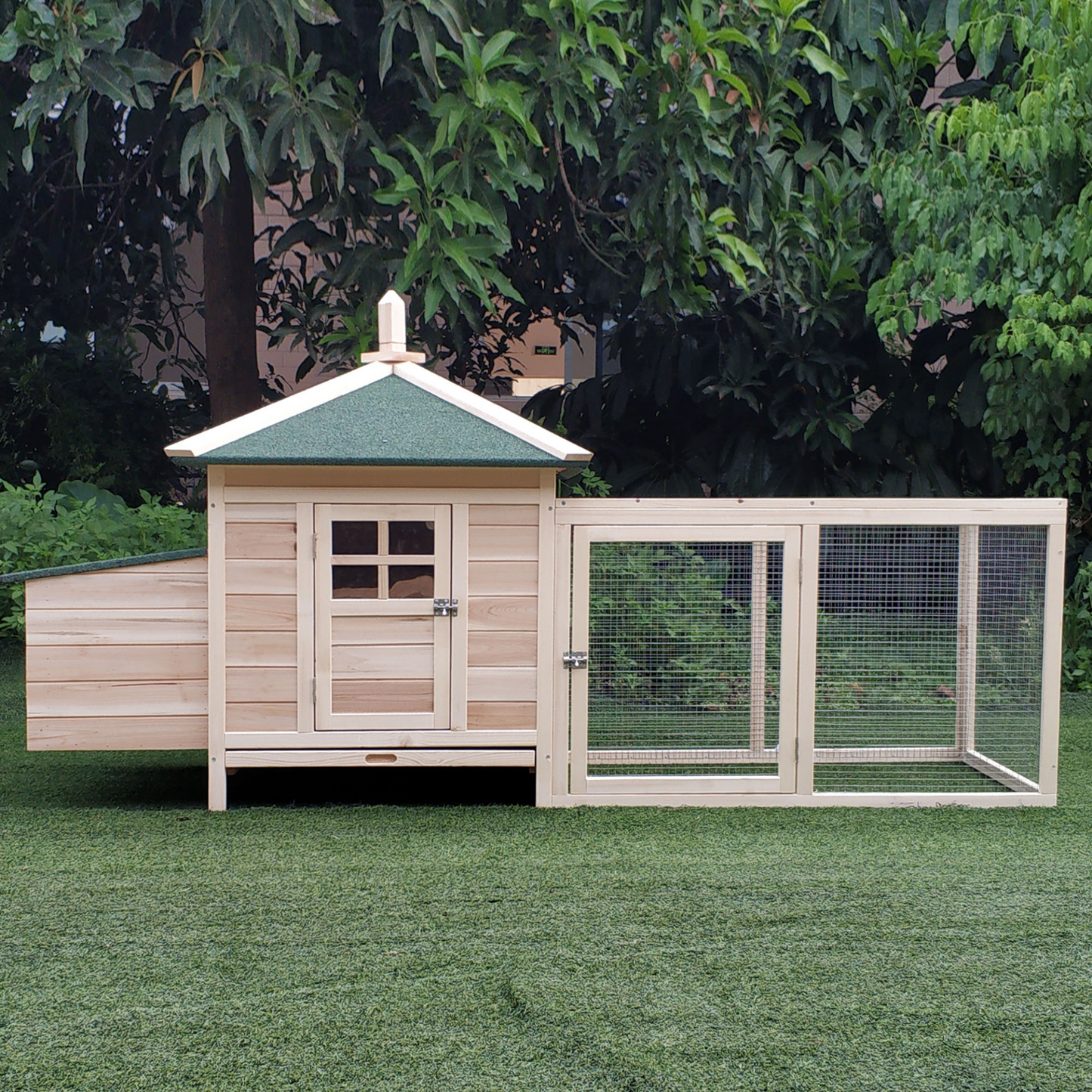 PawHut Chicken Coop with Run Hen House Poultry Coops Cages Pen Outdoor Backyard with Nesting Box 196 x 76 x 97cm Natural