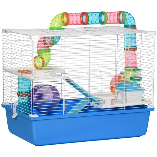 PawHut Hamster Cage with Tubes Tunnel Three-Level Rodent House with Exercise Wheel, Water Bottle, Food Dish, Ramp, Hut 59 x 36 x 47 cm- Blue