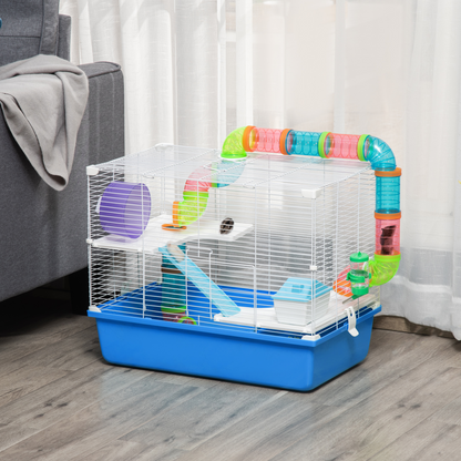PawHut Hamster Cage with Tubes Tunnel Three-Level Rodent House with Exercise Wheel, Water Bottle, Food Dish, Ramp, Hut 59 x 36 x 47 cm- Blue