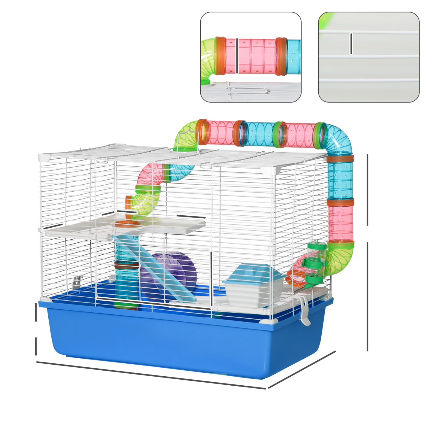 PawHut Hamster Cage with Tubes Tunnel Three-Level Rodent House with Exercise Wheel, Water Bottle, Food Dish, Ramp, Hut 59 x 36 x 47 cm- Blue