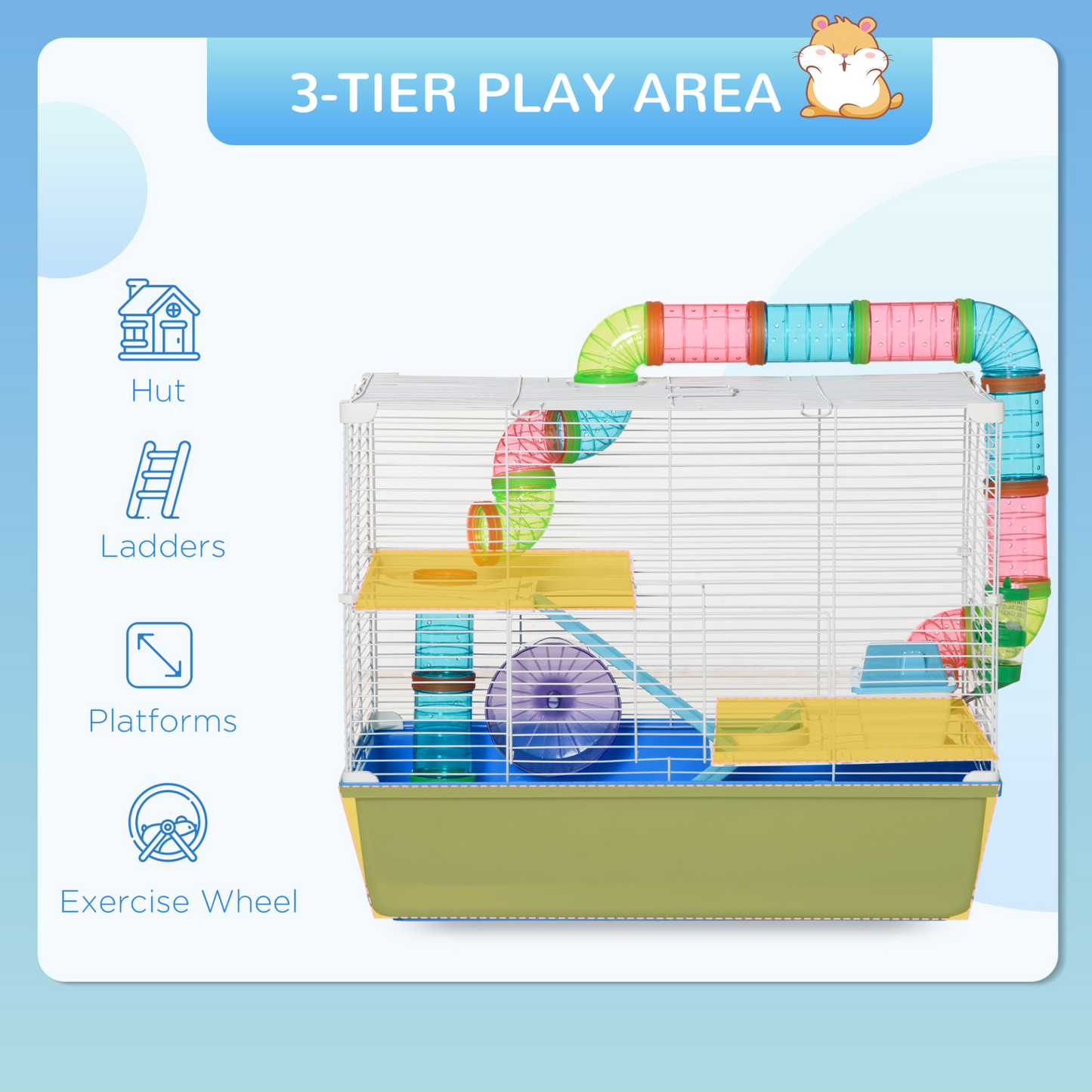 PawHut Hamster Cage with Tubes Tunnel Three-Level Rodent House with Exercise Wheel, Water Bottle, Food Dish, Ramp, Hut 59 x 36 x 47 cm- Blue