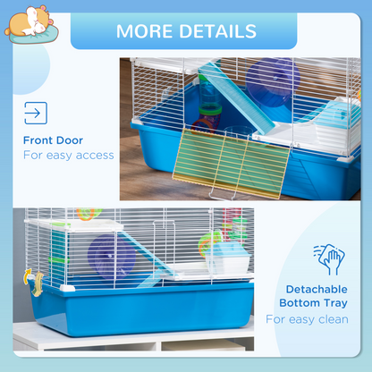 PawHut Hamster Cage with Tubes Tunnel Three-Level Rodent House with Exercise Wheel, Water Bottle, Food Dish, Ramp, Hut 59 x 36 x 47 cm- Blue
