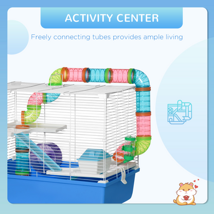 PawHut Hamster Cage with Tubes Tunnel Three-Level Rodent House with Exercise Wheel, Water Bottle, Food Dish, Ramp, Hut 59 x 36 x 47 cm- Blue